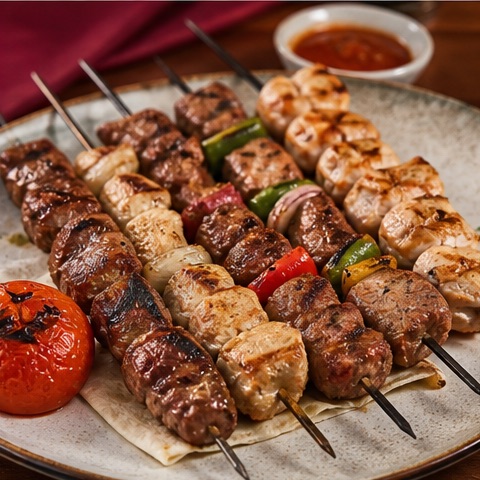 Brochetas de Res, Cerdo y Pollo de Valentino Restaurant